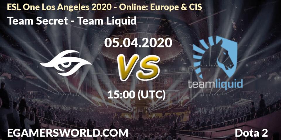 Team Secret vs Team Liquid: Match Prediction. 05.04.2020 at 15:47, Dota 2, ESL One Los Angeles 2020 - Online: Europe & CIS