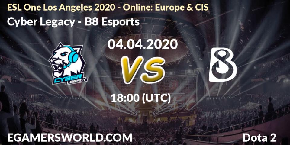 Cyber Legacy vs B8 Esports: Match Prediction. 04.04.2020 at 17:44, Dota 2, ESL One Los Angeles 2020 - Online: Europe & CIS