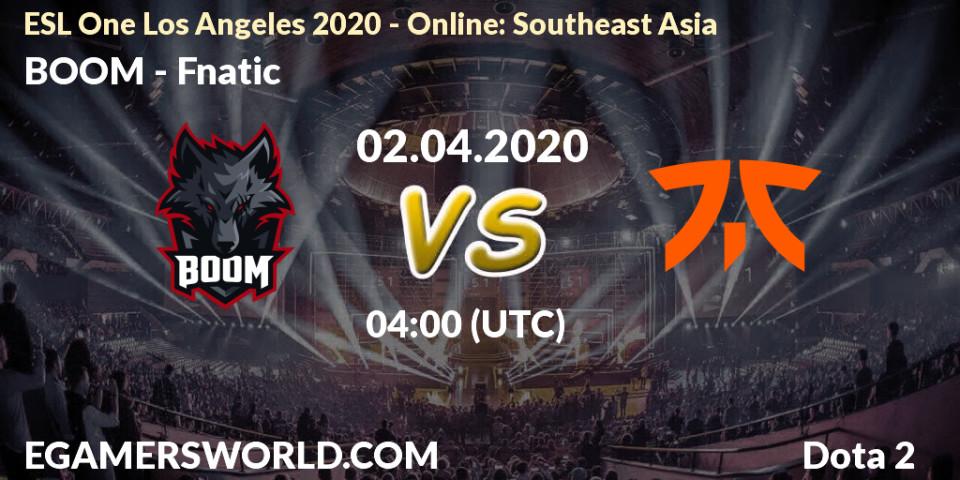 BOOM vs Fnatic: Match Prediction. 02.04.2020 at 04:02, Dota 2, ESL One Los Angeles 2020 - Online: Southeast Asia
