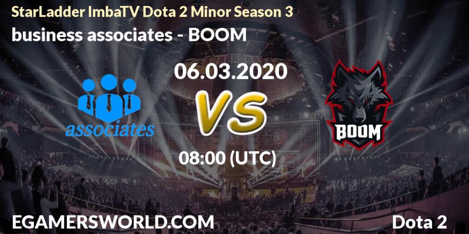 business associates vs BOOM: Match Prediction. 06.03.2020 at 08:01, Dota 2, StarLadder ImbaTV Dota 2 Minor Season 3