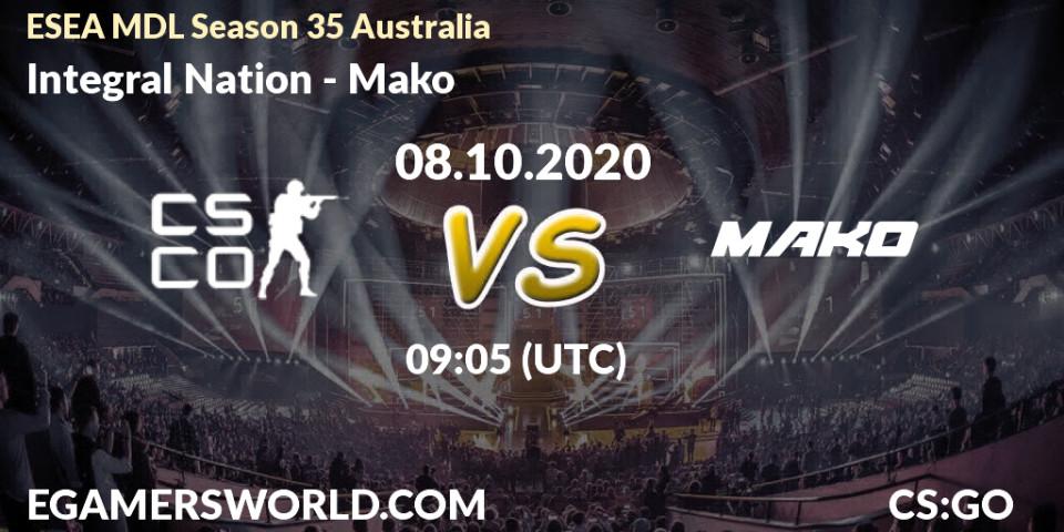 Integral Nation vs Mako: Match Prediction. 14.10.2020 at 09:05, Counter-Strike (CS2), ESEA MDL Season 35 Australia