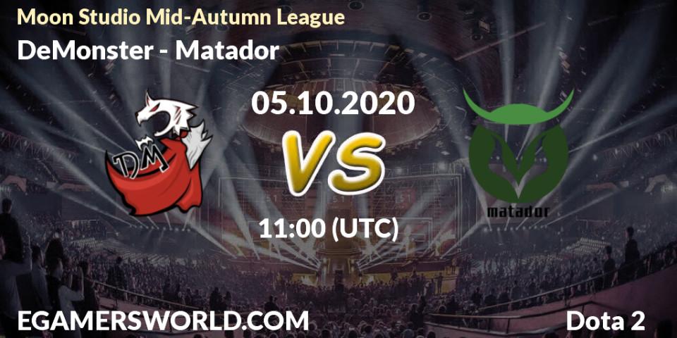 DeMonster vs Matador: Match Prediction. 05.10.2020 at 11:44, Dota 2, Moon Studio Mid-Autumn League