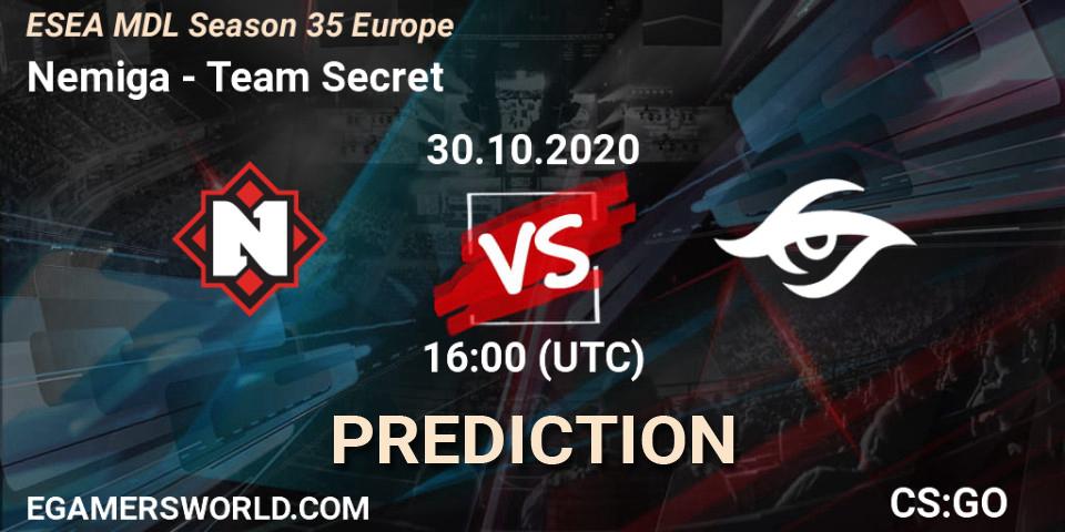 Nemiga vs Team Secret: Match Prediction. 30.10.2020 at 16:00, Counter-Strike (CS2), ESEA MDL Season 35 Europe