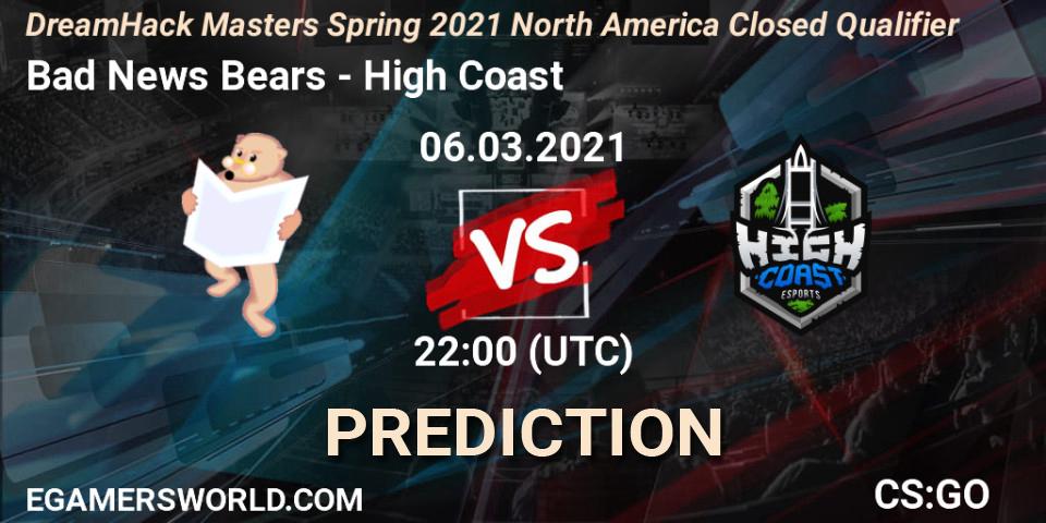 Bad News Bears vs High Coast: Match Prediction. 06.03.2021 at 22:00, Counter-Strike (CS2), DreamHack Masters Spring 2021 North America Closed Qualifier