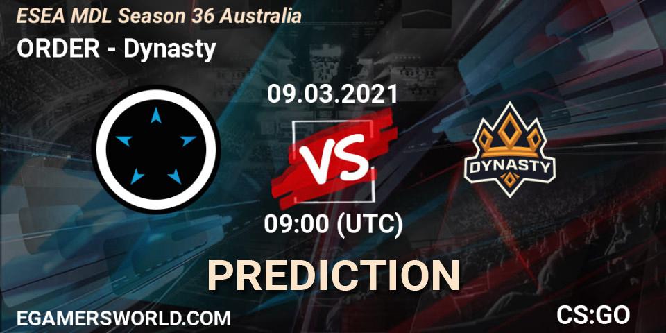 ORDER vs Dynasty: Match Prediction. 09.03.2021 at 09:00, Counter-Strike (CS2), MDL ESEA Season 36: Australia - Premier Division