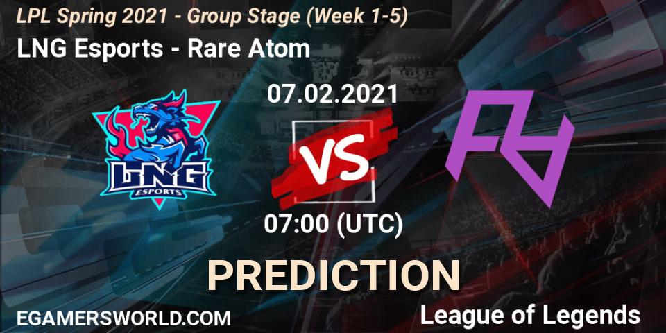 LNG Esports vs Rare Atom: Match Prediction. 07.02.2021 at 07:23, LoL, LPL Spring 2021 - Group Stage (Week 1-5)