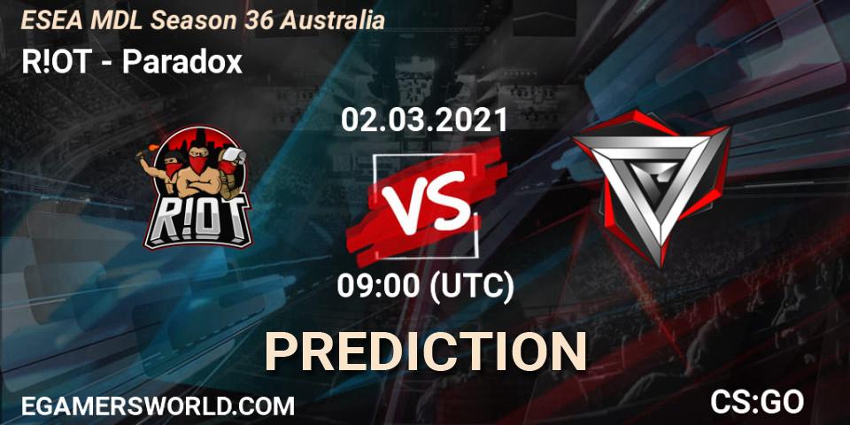R!OT vs Paradox: Match Prediction. 02.03.2021 at 09:00, Counter-Strike (CS2), MDL ESEA Season 36: Australia - Premier Division