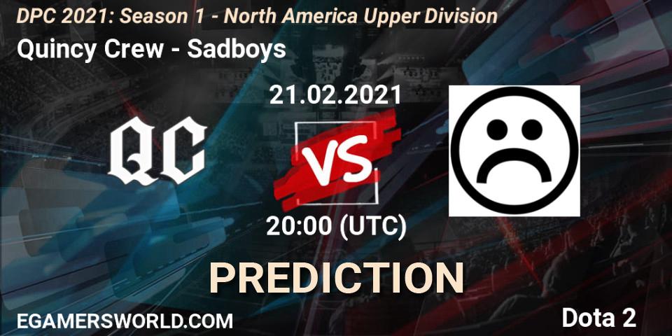 Quincy Crew vs Sadboys: Match Prediction. 21.02.2021 at 20:00, Dota 2, DPC 2021: Season 1 - North America Upper Division