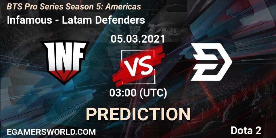 Infamous vs Latam Defenders: Match Prediction. 05.03.2021 at 03:02, Dota 2, BTS Pro Series Season 5: Americas