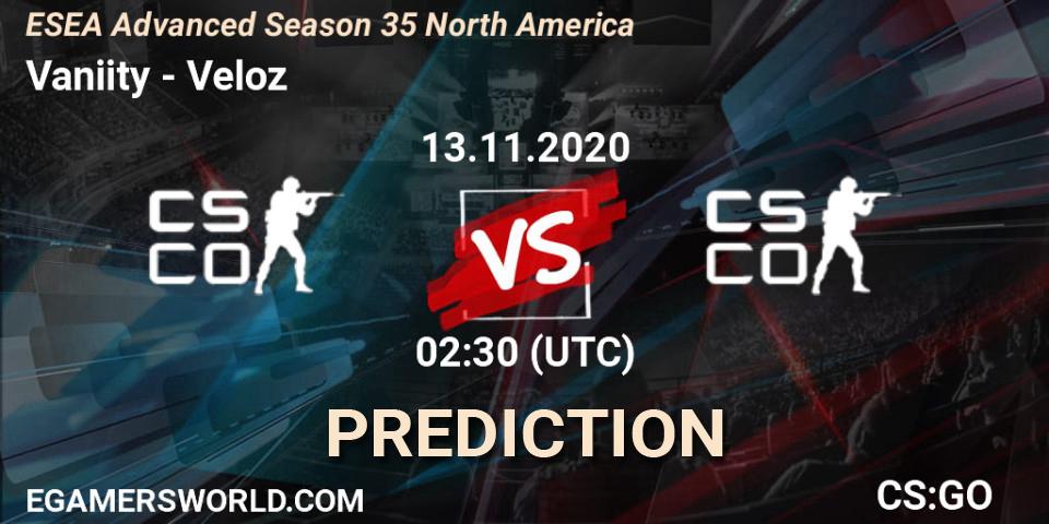 Vaniity vs Veloz: Match Prediction. 13.11.2020 at 02:30, Counter-Strike (CS2), ESEA Advanced Season 35 North America