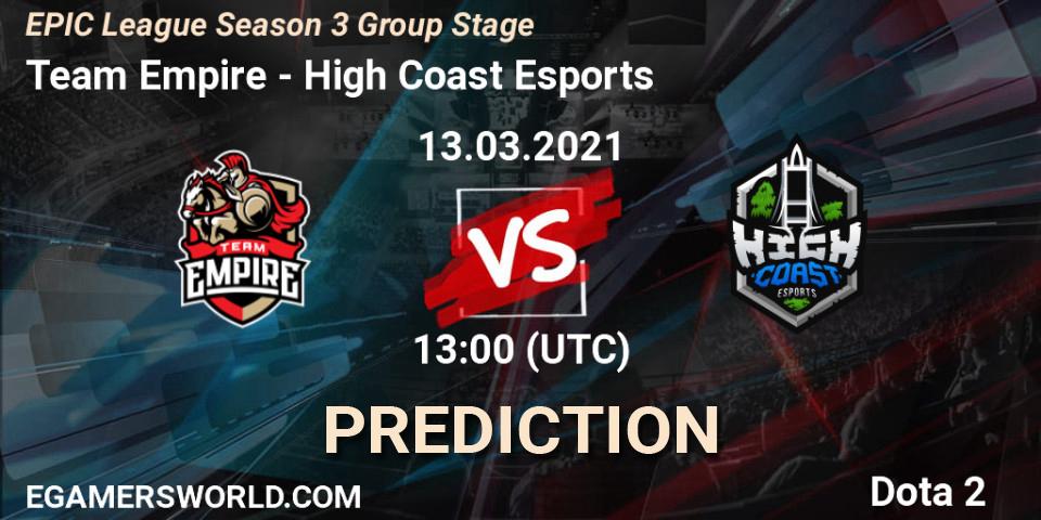 Team Empire vs High Coast Esports: Match Prediction. 13.03.2021 at 12:59, Dota 2, EPIC League Season 3 Group Stage