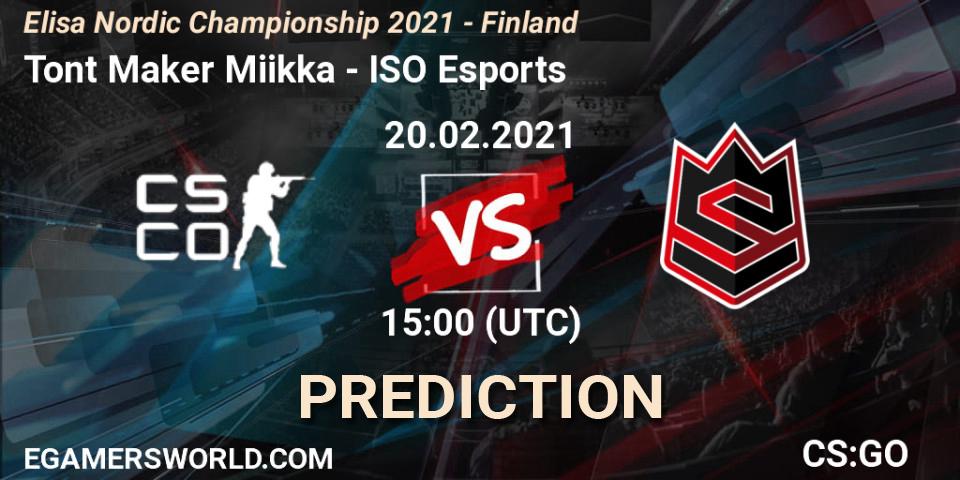 Tont Maker Miikka vs ISO Esports: Match Prediction. 20.02.2021 at 15:00, Counter-Strike (CS2), Elisa Nordic Championship 2021 - Finland