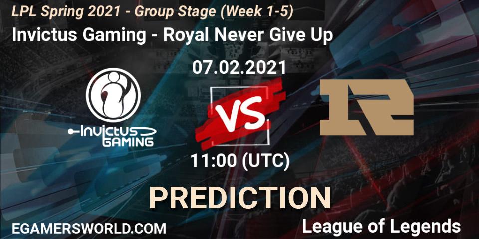 Invictus Gaming vs Royal Never Give Up: Match Prediction. 07.02.2021 at 12:08, LoL, LPL Spring 2021 - Group Stage (Week 1-5)