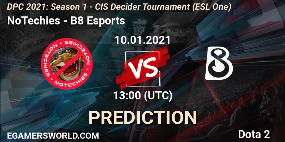 NoTechies vs B8 Esports: Match Prediction. 10.01.2021 at 13:00, Dota 2, DPC 2021: Season 1 - CIS Decider Tournament (ESL One)