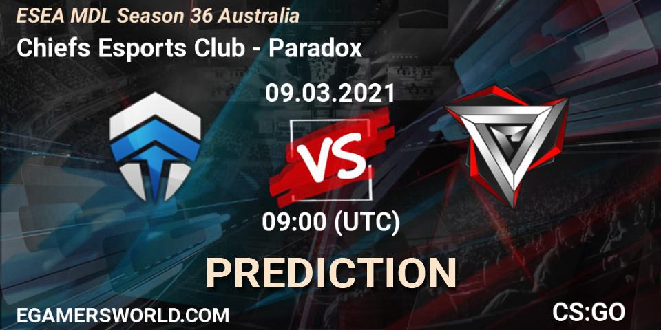 Chiefs Esports Club vs Paradox: Match Prediction. 09.03.2021 at 09:00, Counter-Strike (CS2), MDL ESEA Season 36: Australia - Premier Division