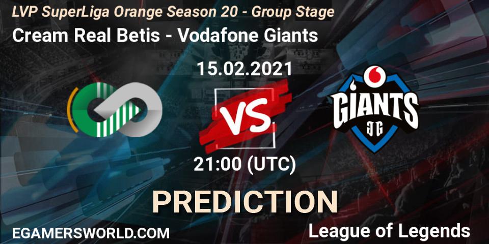 Cream Real Betis vs Vodafone Giants: Match Prediction. 15.02.2021 at 21:15, LoL, LVP SuperLiga Orange Season 20 - Group Stage