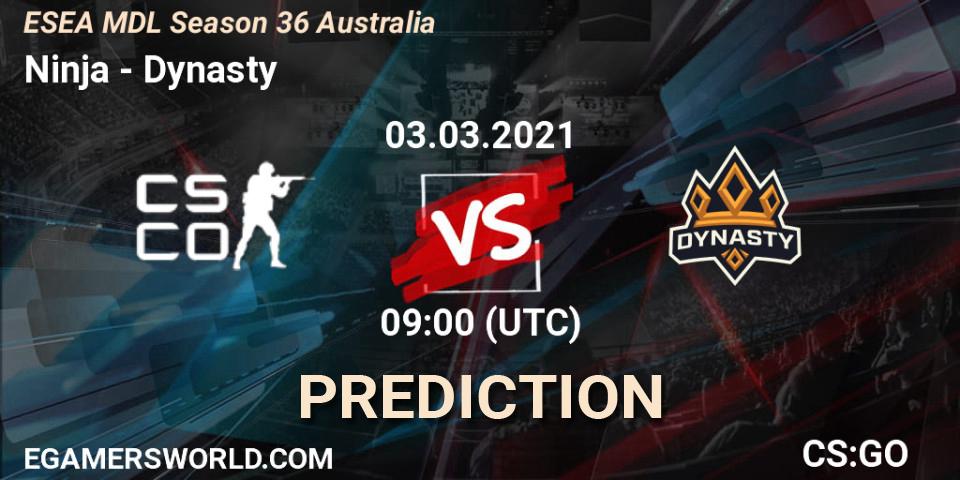 Ninja vs Dynasty: Match Prediction. 03.03.2021 at 09:00, Counter-Strike (CS2), MDL ESEA Season 36: Australia - Premier Division