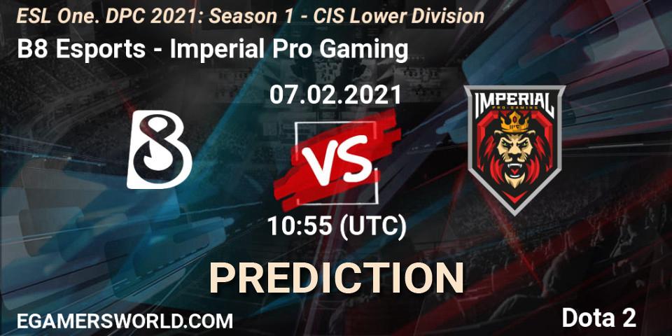 B8 Esports vs Imperial Pro Gaming: Match Prediction. 07.02.2021 at 10:55, Dota 2, ESL One. DPC 2021: Season 1 - CIS Lower Division