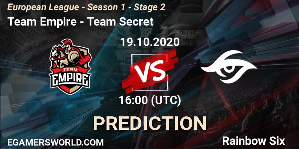Team Empire vs Team Secret: Match Prediction. 19.10.2020 at 18:00, Rainbow Six, European League - Season 1 - Stage 2