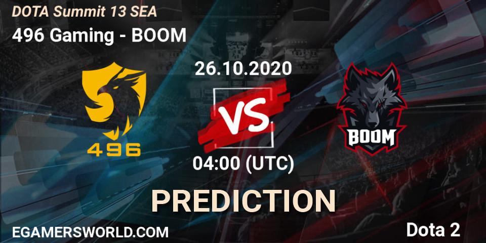 496 Gaming vs BOOM: Match Prediction. 26.10.2020 at 10:40, Dota 2, DOTA Summit 13: SEA
