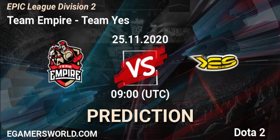 Team Empire vs Team Yes: Match Prediction. 25.11.2020 at 12:02, Dota 2, EPIC League Division 2