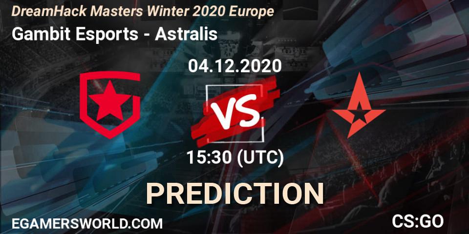 Gambit Esports vs Astralis: Match Prediction. 04.12.2020 at 15:30, Counter-Strike (CS2), DreamHack Masters Winter 2020 Europe