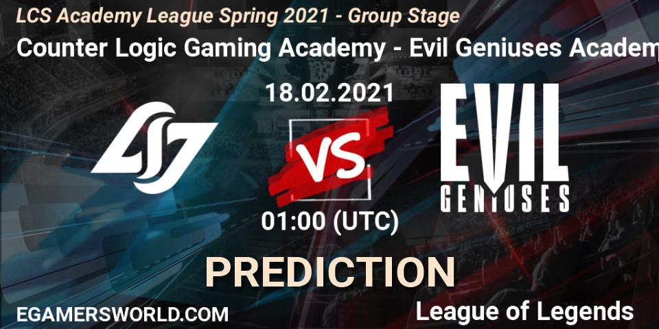 Counter Logic Gaming Academy vs Evil Geniuses Academy: Match Prediction. 18.02.2021 at 01:00, LoL, LCS Academy League Spring 2021 - Group Stage