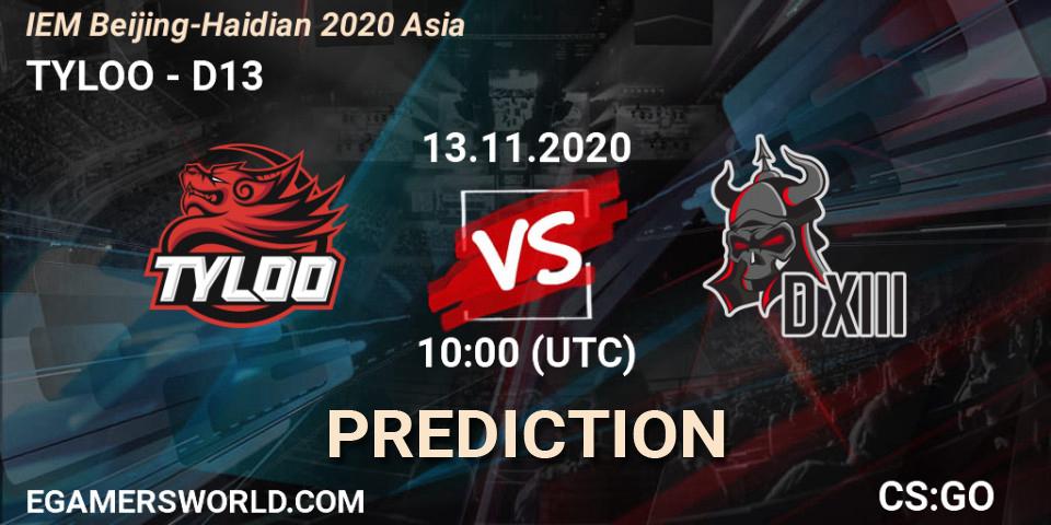 TYLOO vs D13: Match Prediction. 13.11.2020 at 10:35, Counter-Strike (CS2), IEM Beijing-Haidian 2020 Asia