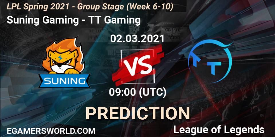 Suning Gaming vs TT Gaming: Match Prediction. 02.03.2021 at 09:00, LoL, LPL Spring 2021 - Group Stage (Week 6-10)