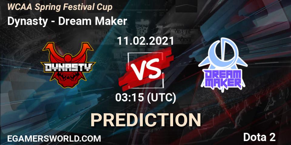 Dynasty vs Dream Maker: Match Prediction. 11.02.2021 at 03:38, Dota 2, WCAA Spring Festival Cup