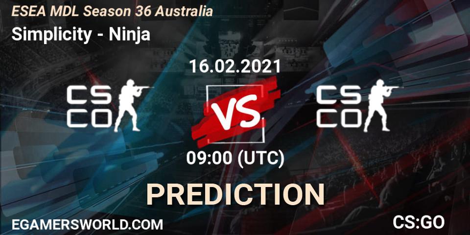 Simplicity vs Ninja: Match Prediction. 16.02.2021 at 09:00, Counter-Strike (CS2), MDL ESEA Season 36: Australia - Premier Division