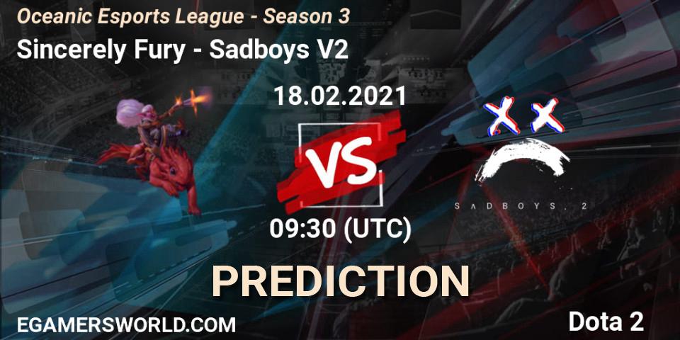 Sincerely Fury vs Sadboys V2: Match Prediction. 20.02.2021 at 03:39, Dota 2, Oceanic Esports League - Season 3