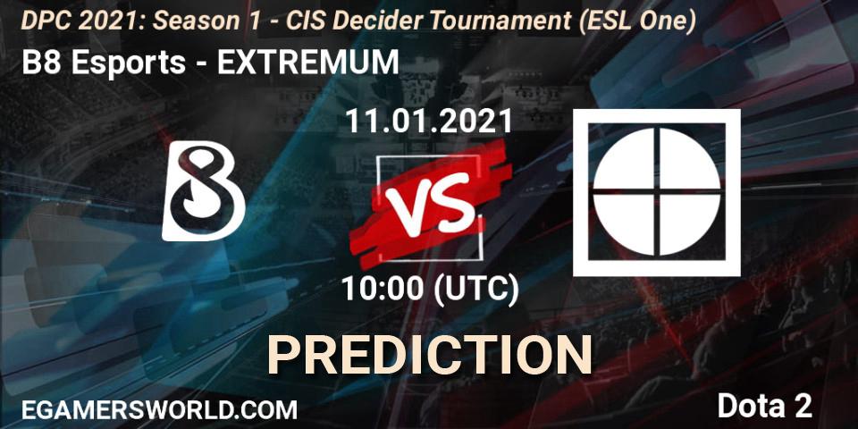 B8 Esports vs EXTREMUM: Match Prediction. 11.01.2021 at 10:00, Dota 2, DPC 2021: Season 1 - CIS Decider Tournament (ESL One)