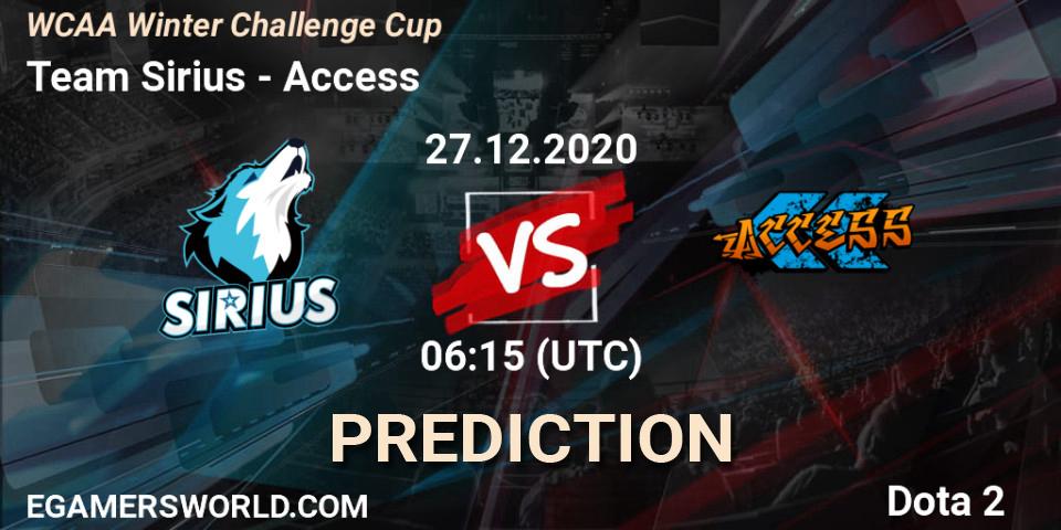 Team Sirius vs Access: Match Prediction. 27.12.2020 at 06:55, Dota 2, WCAA Winter Challenge Cup