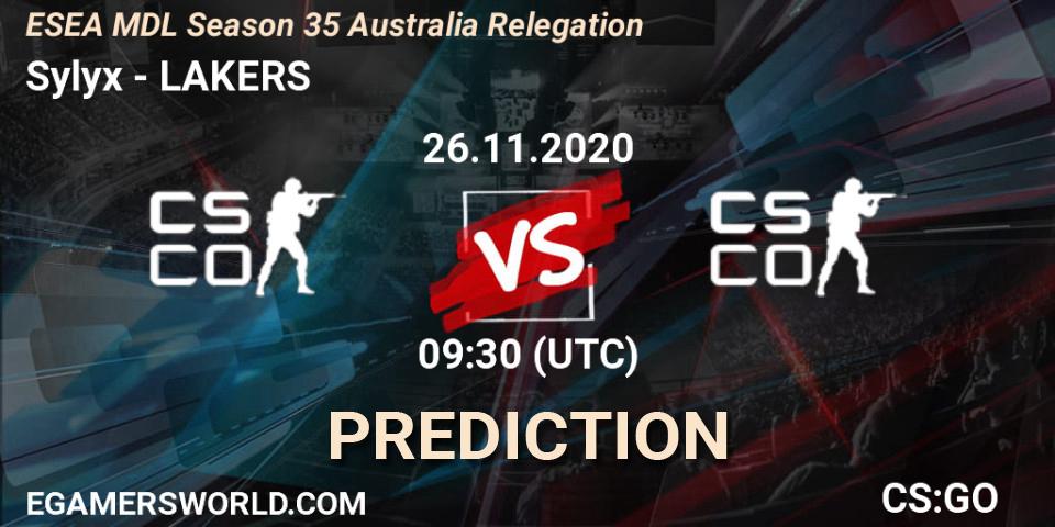 Sylyx vs LAKERS: Match Prediction. 26.11.2020 at 09:30, Counter-Strike (CS2), ESEA MDL Season 35 Australia Relegation