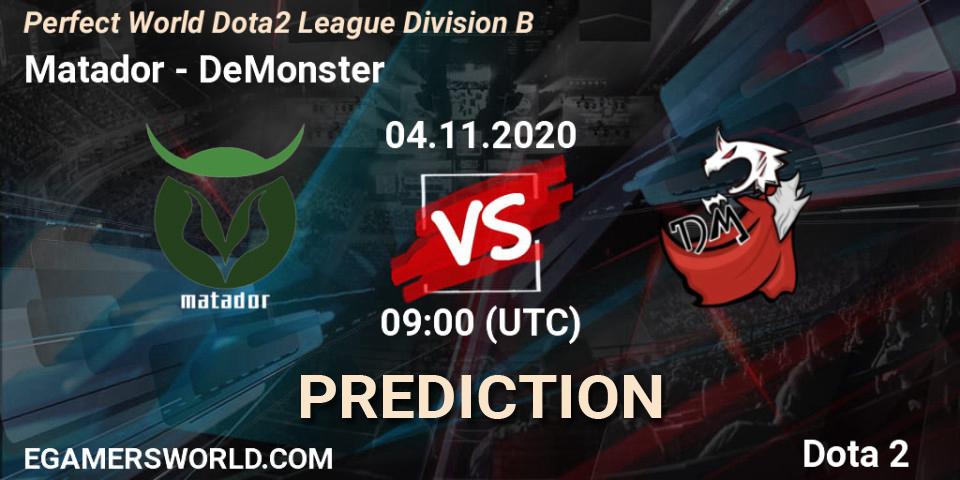 Matador vs DeMonster: Match Prediction. 04.11.2020 at 08:57, Dota 2, Perfect World Dota2 League Division B