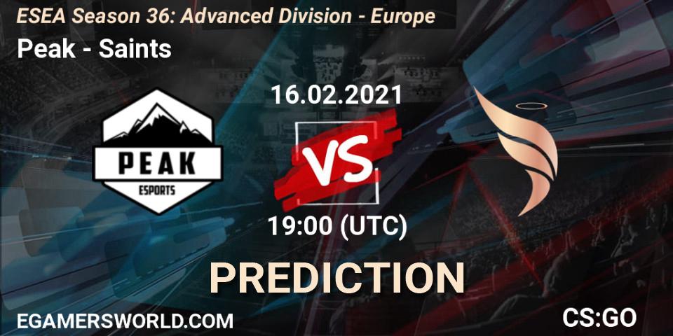 Peak vs Saints: Match Prediction. 16.02.2021 at 19:00, Counter-Strike (CS2), ESEA Season 36: Europe - Advanced Division