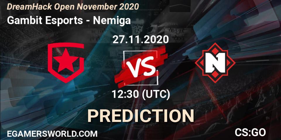 Gambit Esports vs Nemiga: Match Prediction. 27.11.2020 at 12:10, Counter-Strike (CS2), DreamHack Open November 2020