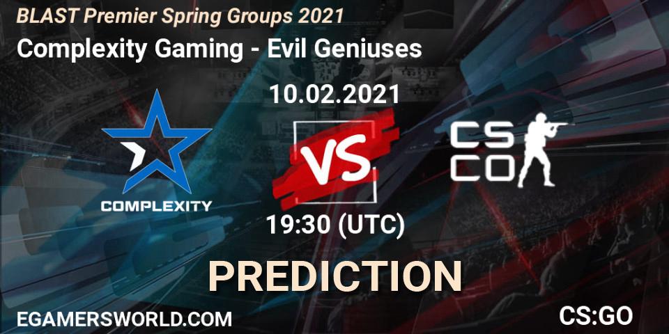 Complexity Gaming vs Evil Geniuses: Match Prediction. 10.02.2021 at 19:30, Counter-Strike (CS2), BLAST Premier Spring Groups 2021