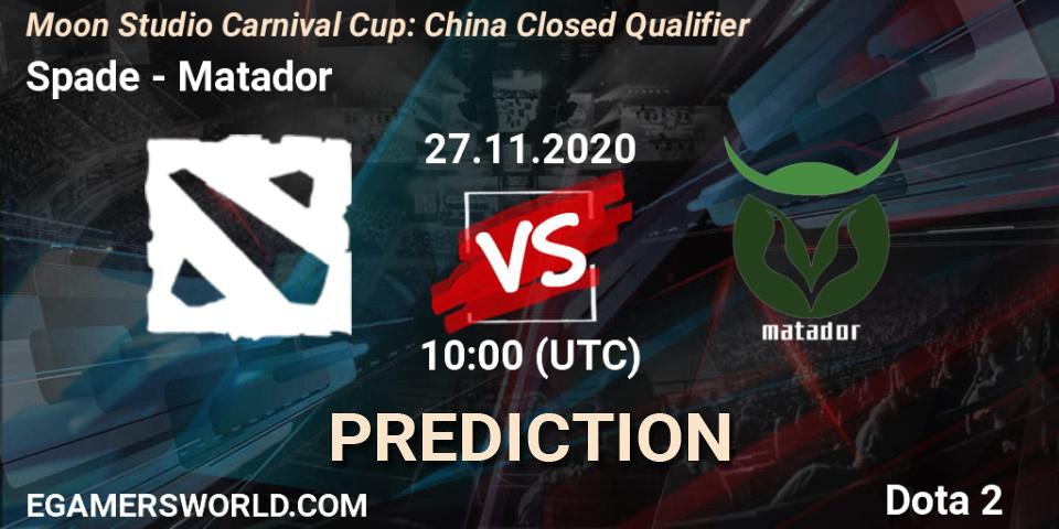 Spade vs Matador: Match Prediction. 27.11.2020 at 10:49, Dota 2, Moon Studio Carnival Cup: China Closed Qualifier