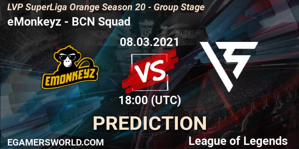 eMonkeyz vs BCN Squad: Match Prediction. 08.03.2021 at 18:00, LoL, LVP SuperLiga Orange Season 20 - Group Stage