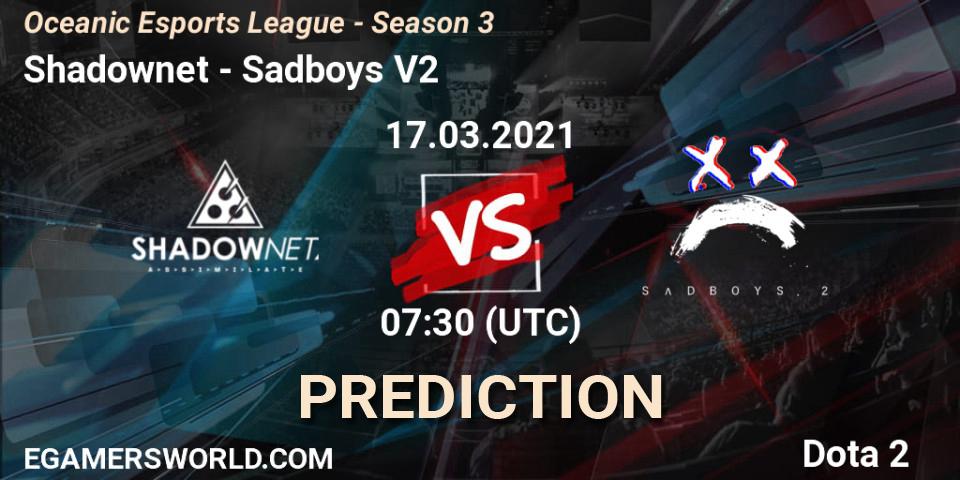 Shadownet vs Sadboys V2: Match Prediction. 17.03.2021 at 07:33, Dota 2, Oceanic Esports League - Season 3