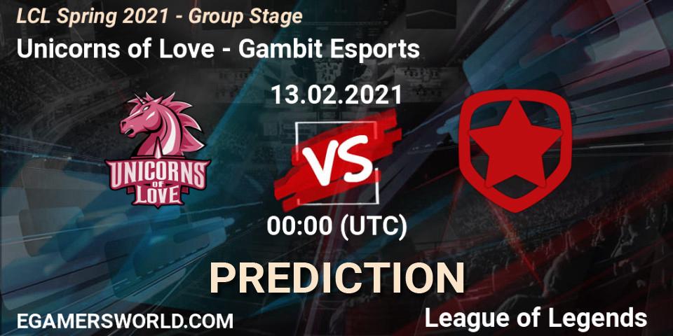 Unicorns of Love vs Gambit Esports: Match Prediction. 13.02.2021 at 13:00, LoL, LCL Spring 2021 - Group Stage