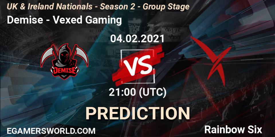 Demise vs Vexed Gaming: Match Prediction. 04.02.2021 at 21:00, Rainbow Six, UK & Ireland Nationals - Season 2 - Group Stage