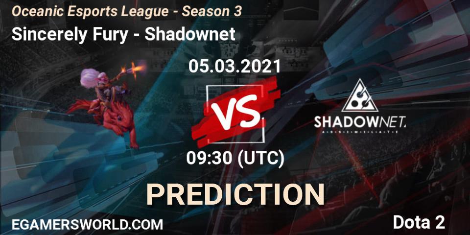 Sincerely Fury vs Shadownet: Match Prediction. 05.03.2021 at 09:30, Dota 2, Oceanic Esports League - Season 3