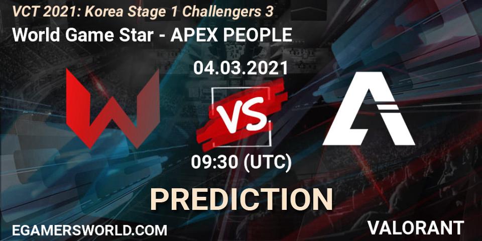 World Game Star vs APEX PEOPLE: Match Prediction. 04.03.2021 at 09:30, VALORANT, VCT 2021: Korea Stage 1 Challengers 3