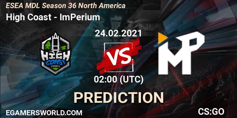 High Coast vs ImPerium: Match Prediction. 24.02.2021 at 02:00, Counter-Strike (CS2), MDL ESEA Season 36: North America - Premier Division