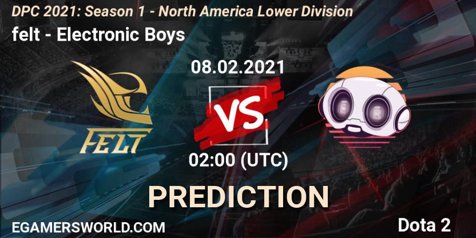felt vs Electronic Boys: Match Prediction. 08.02.2021 at 02:01, Dota 2, DPC 2021: Season 1 - North America Lower Division