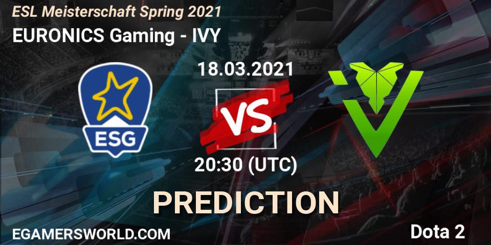 EURONICS Gaming vs IVY: Match Prediction. 18.03.2021 at 20:33, Dota 2, ESL Meisterschaft Spring 2021