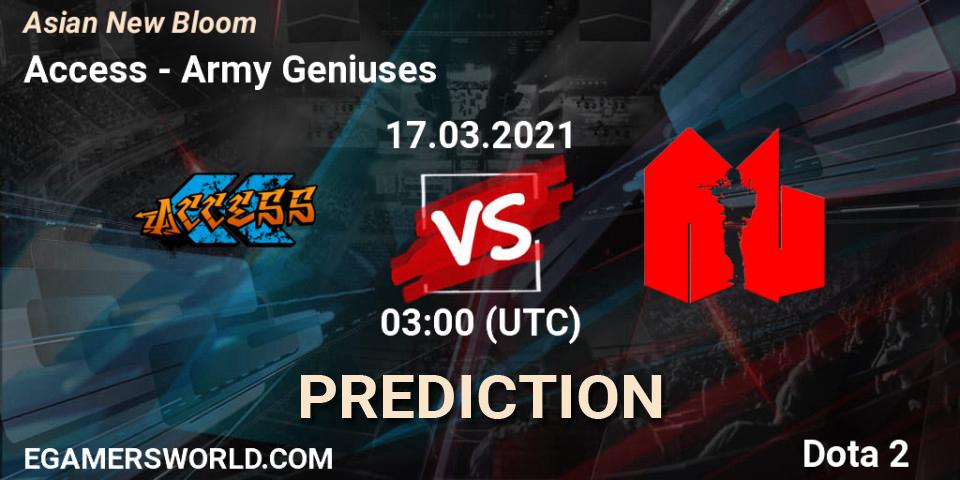 Access vs Army Geniuses: Match Prediction. 17.03.2021 at 03:23, Dota 2, Asian New Bloom